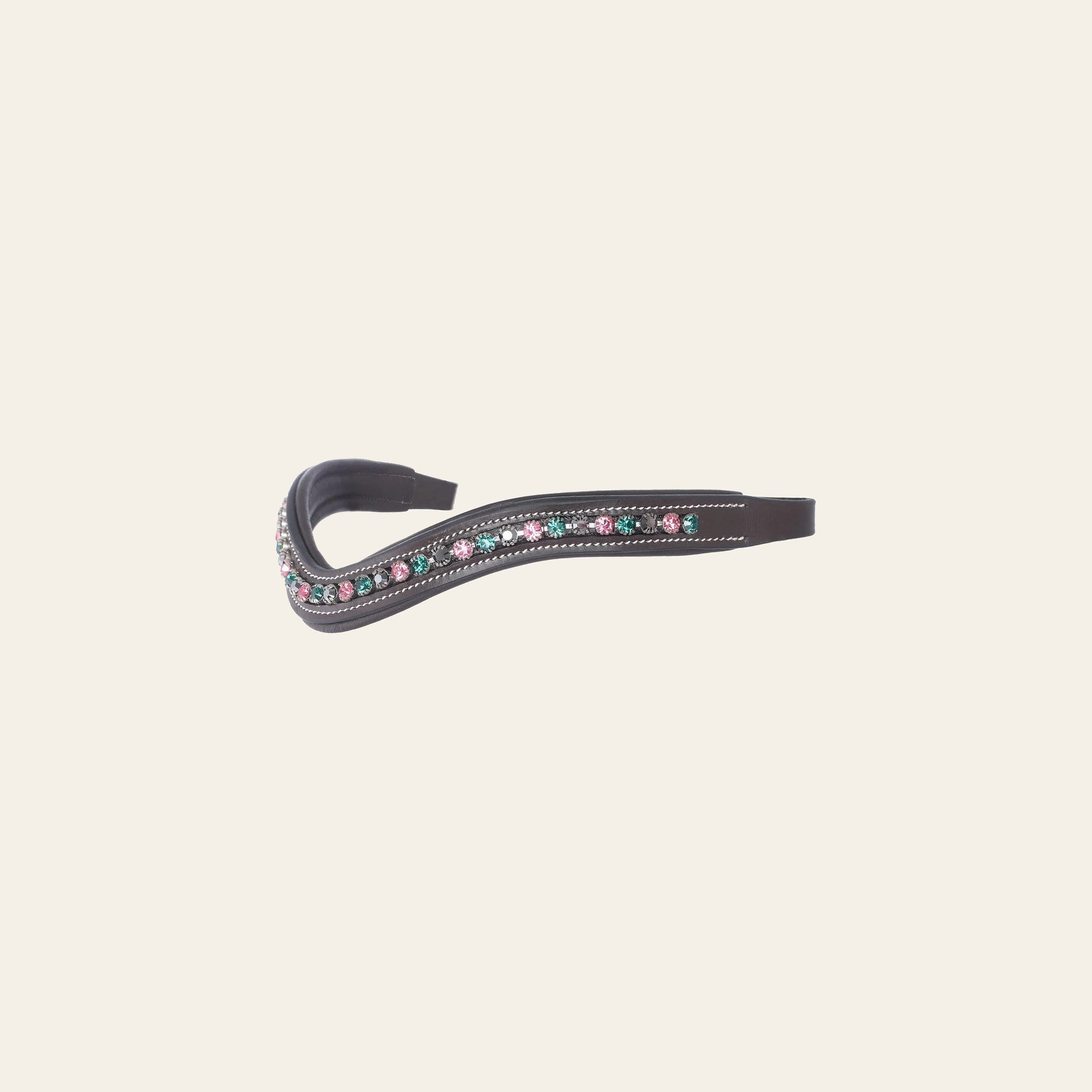 ExionPro Elegant Soft Padded Rose, Emerald, Jet Hematite Colored Crystal Browband on a warm cream background