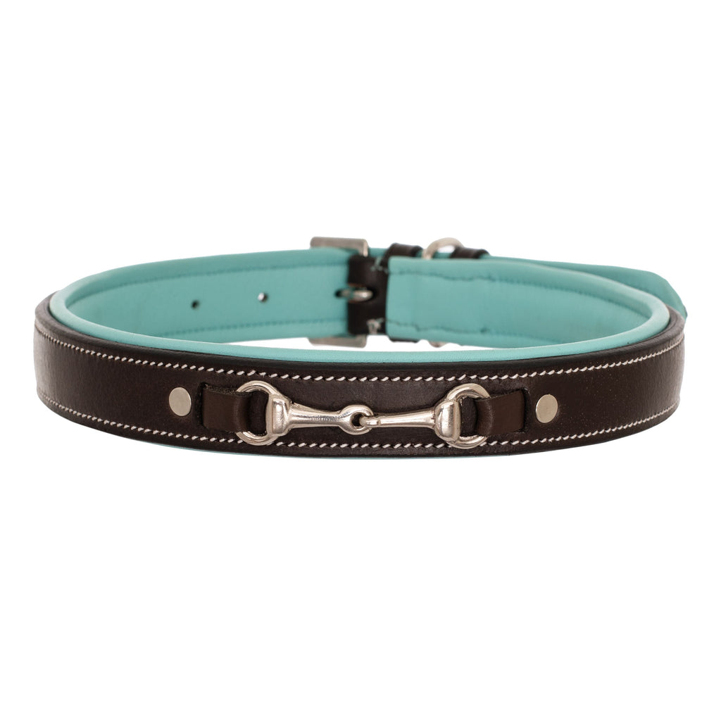ExionPro Silver Snaffle Padded Leather Dog Collar - Sky Blue Padding by Bridles & Reins