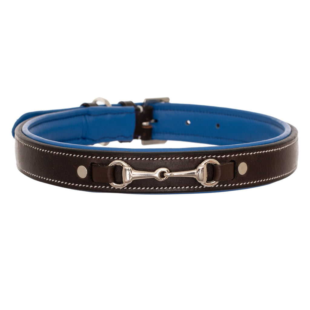 ExionPro Silver Snaffle Padded Leather Dog Collar - Blue Padding by Bridles & Reins
