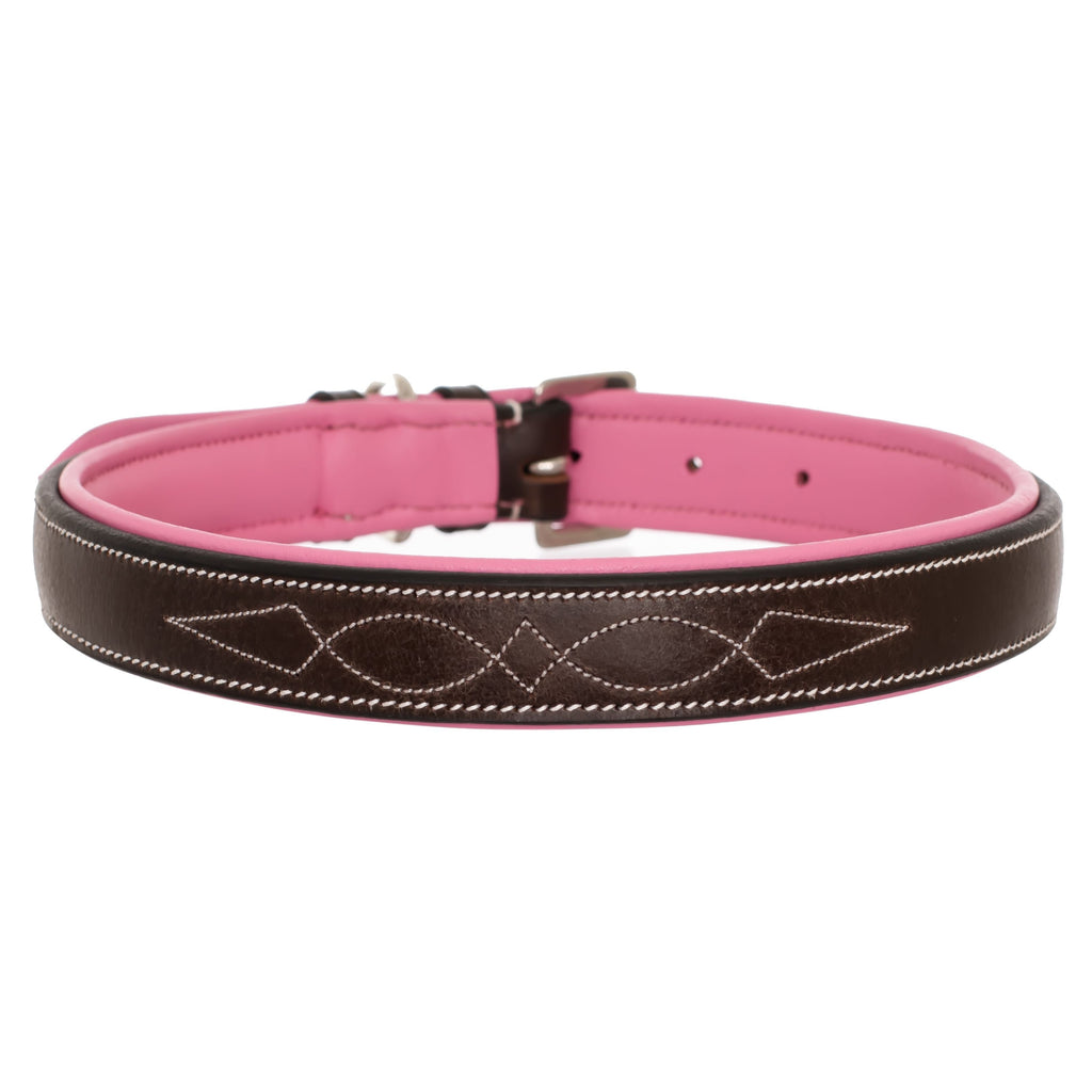 ExionPro Fancy Stitched Padded Leather Dog Collar - Pink Padding by Bridles & Reins