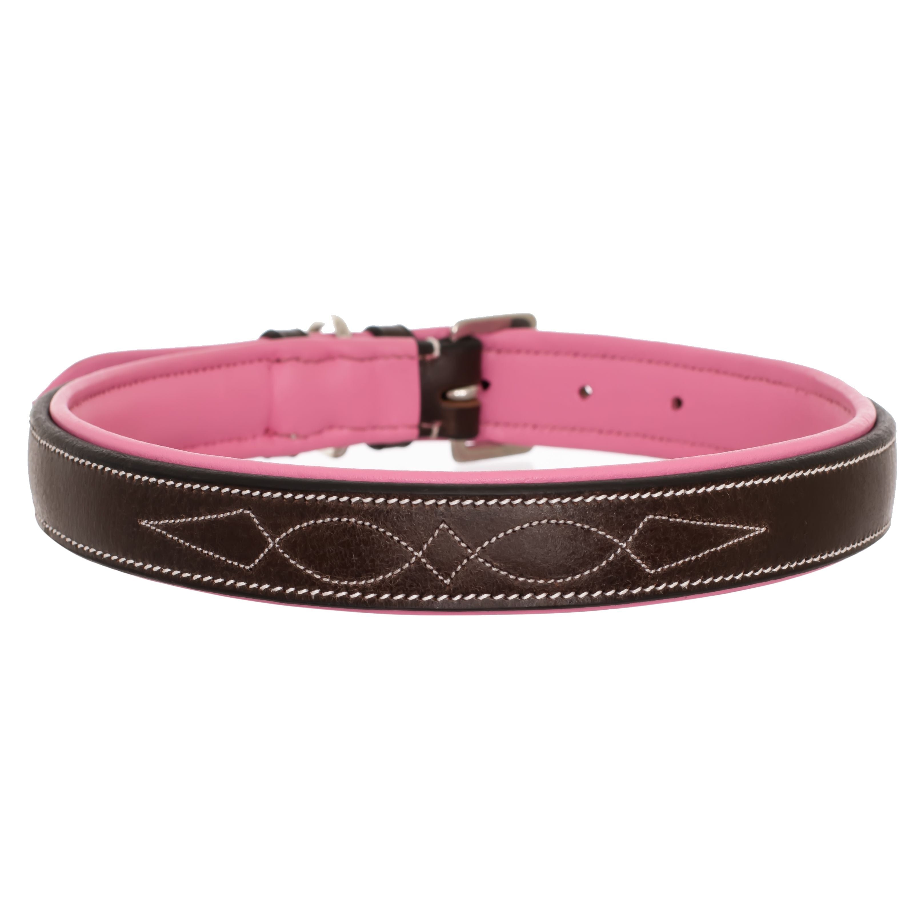ExionPro Fancy Stitched Padded Leather Dog Collar - Pink Padding by Bridles & Reins