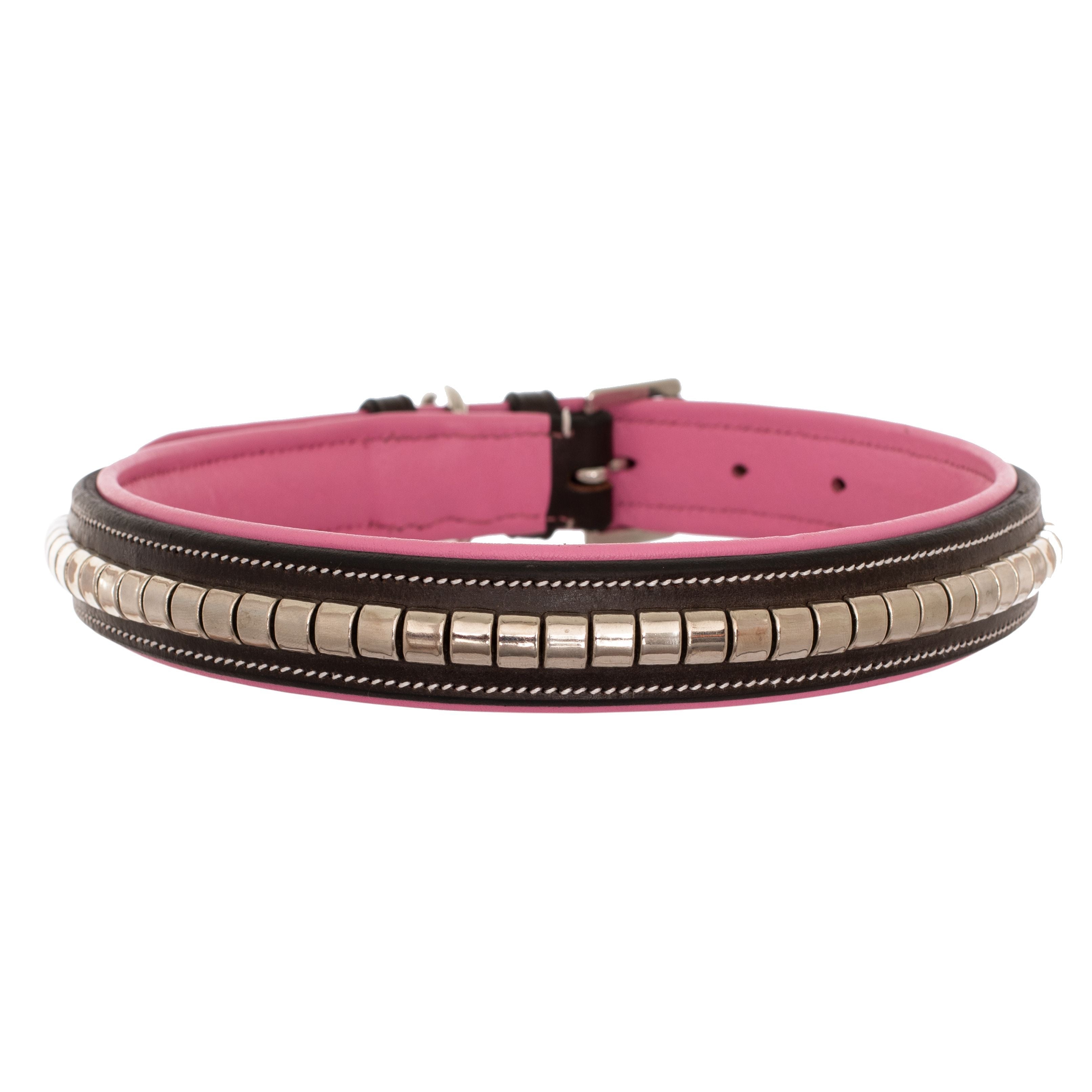 ExionPro Silver Clincher Padded Leather Dog Collar - Pink Padding by Bridles & Reins