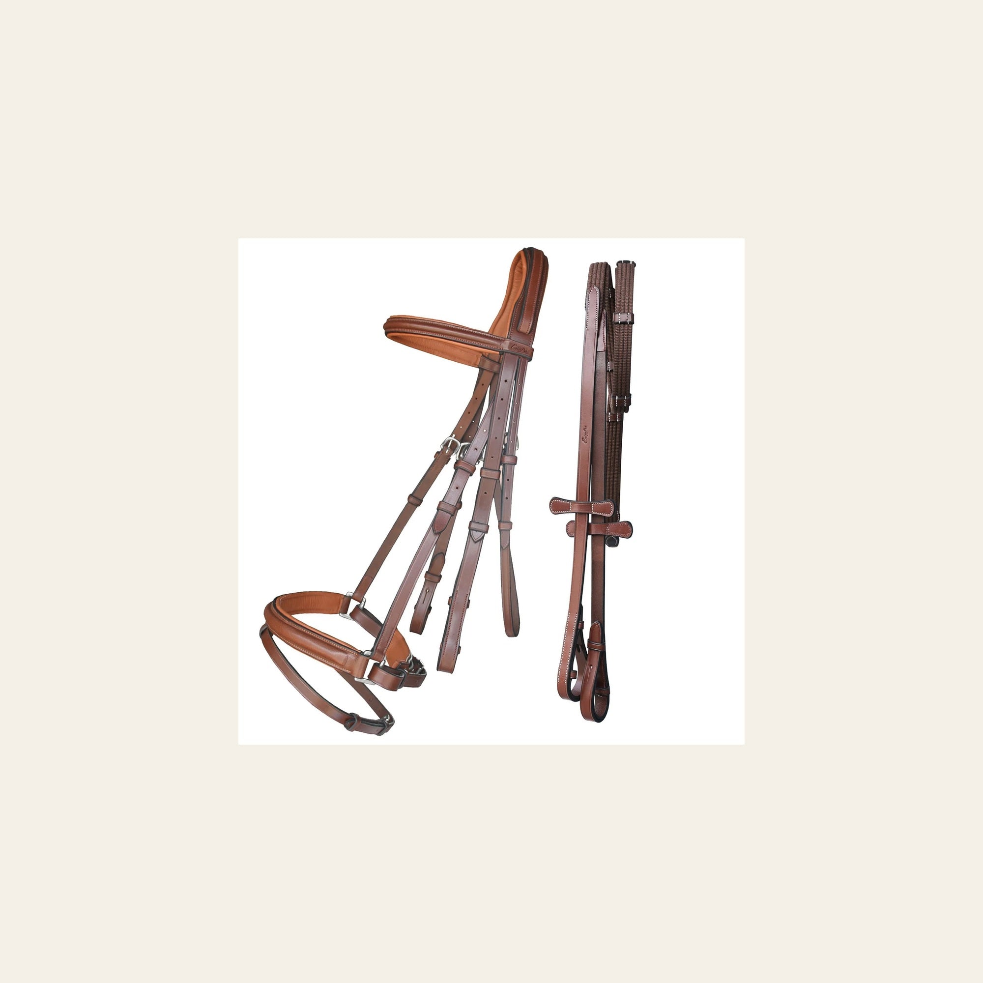 ExionPro Pressure Relief Crown Dressage Bridle with Web Reins on a warm cream background