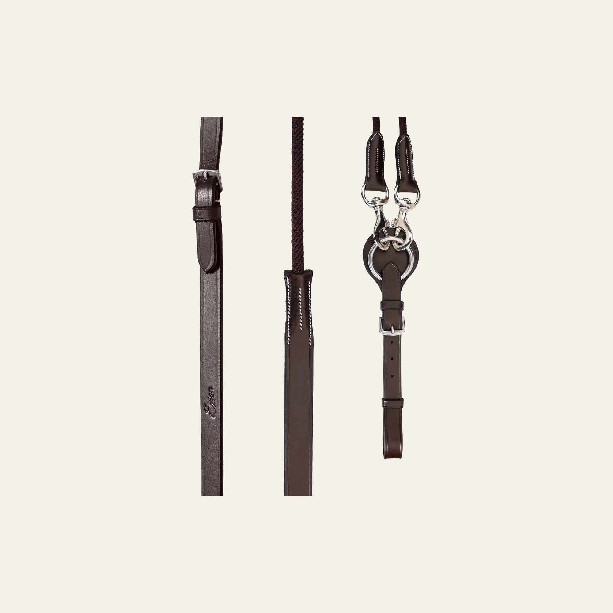 ExionPro Rope & Leather Draw Reins with Girth Loop on a warm cream background