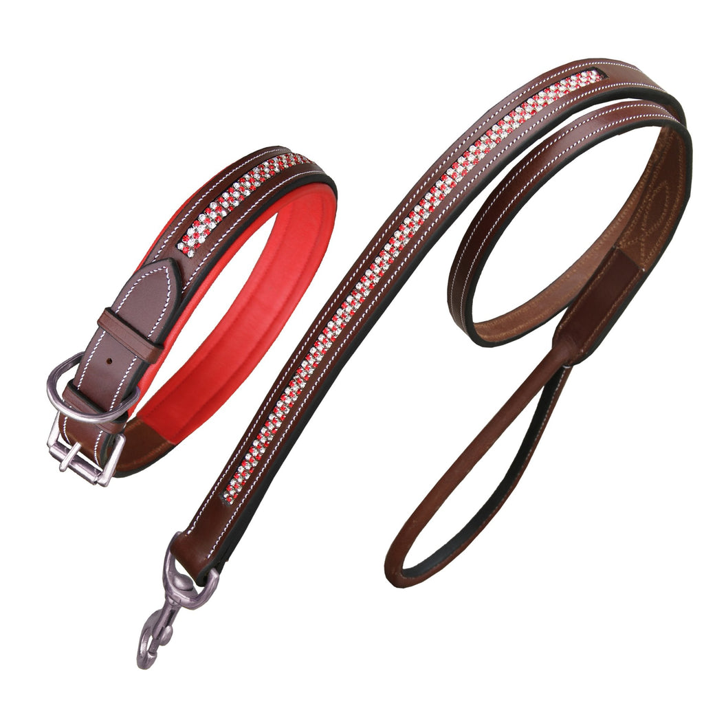 ExionPro Red Bling Padded Dog Collar With Dog Leash by Bridles & Reins