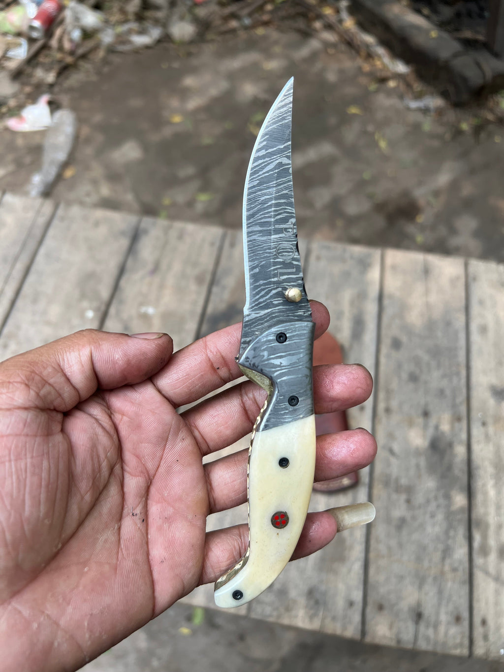 Frontrunner Camel Bone folding knife with Leather Sheath