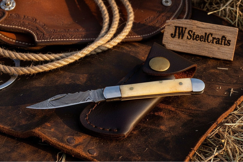 Handmade Damascus Steel Folding Pocket Trapper Knife 4"with Bone Handle