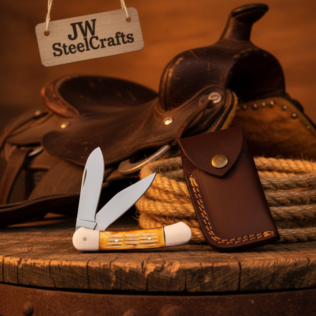 Double Blade Trapper Knife with Bone Handle, Folding Pocket Knife