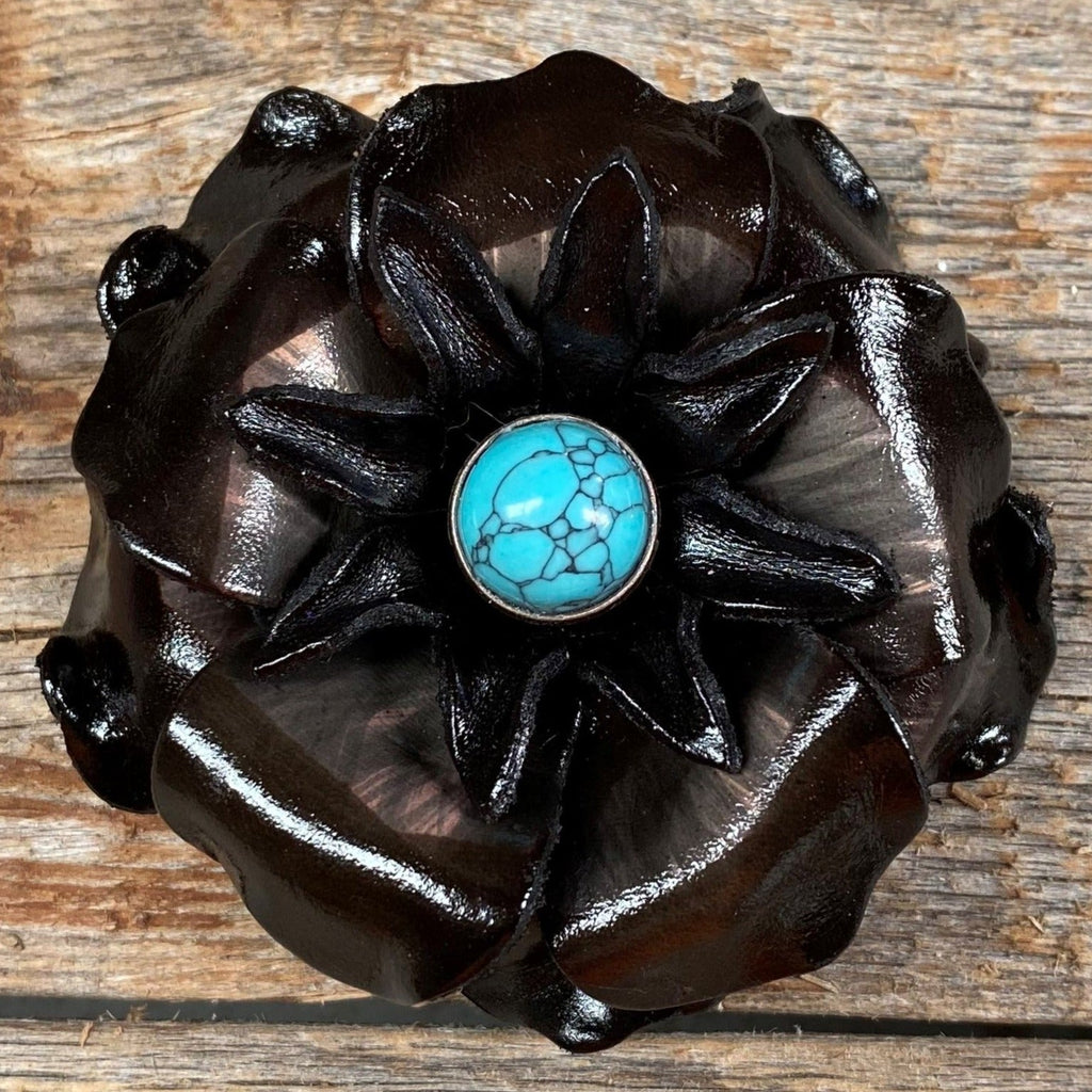 Hand Painted Leather Flowers - Gardenias - Round Turquoise Cabochons — view 2