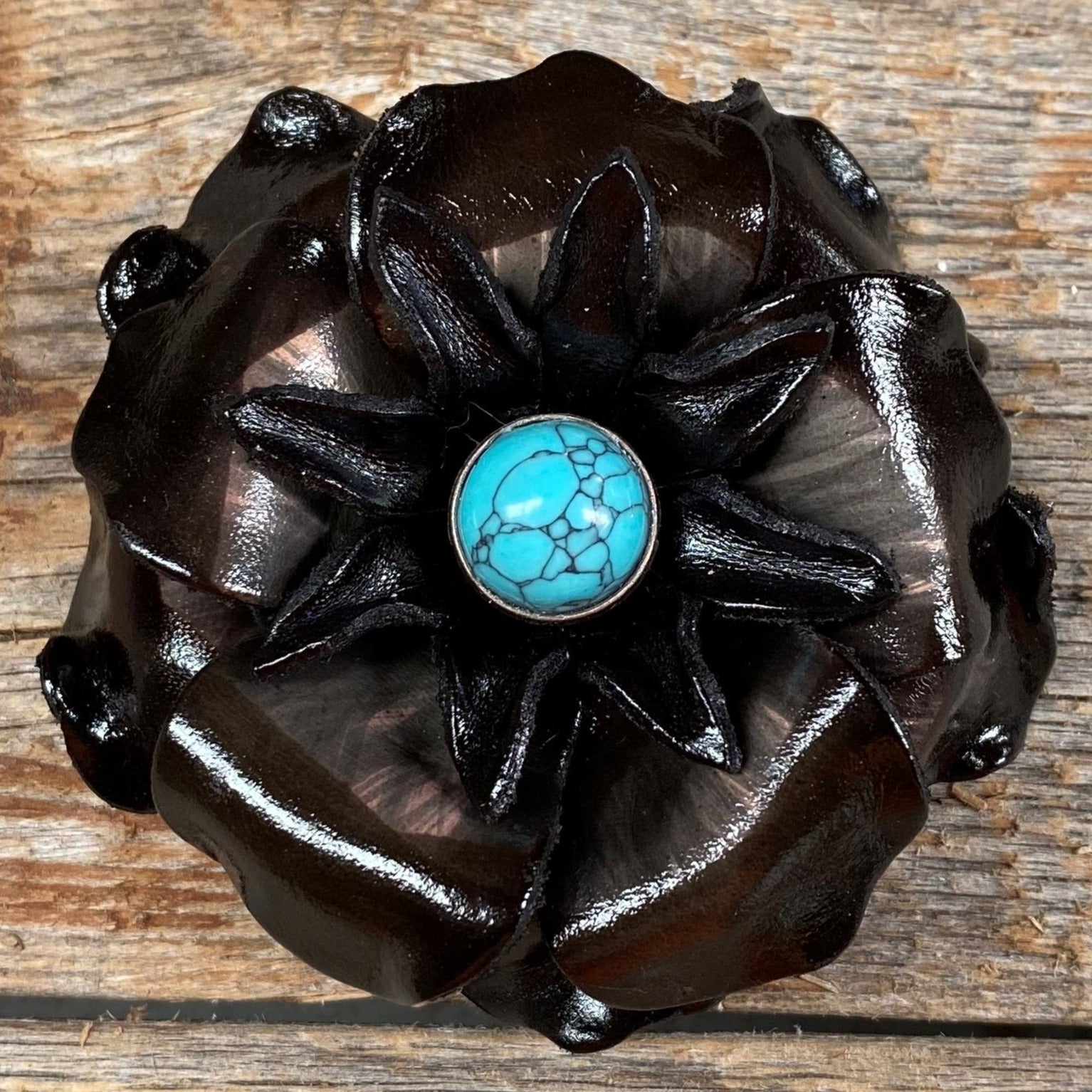 Hand Painted Leather Flowers - Gardenias - Round Turquoise Cabochons — view 2