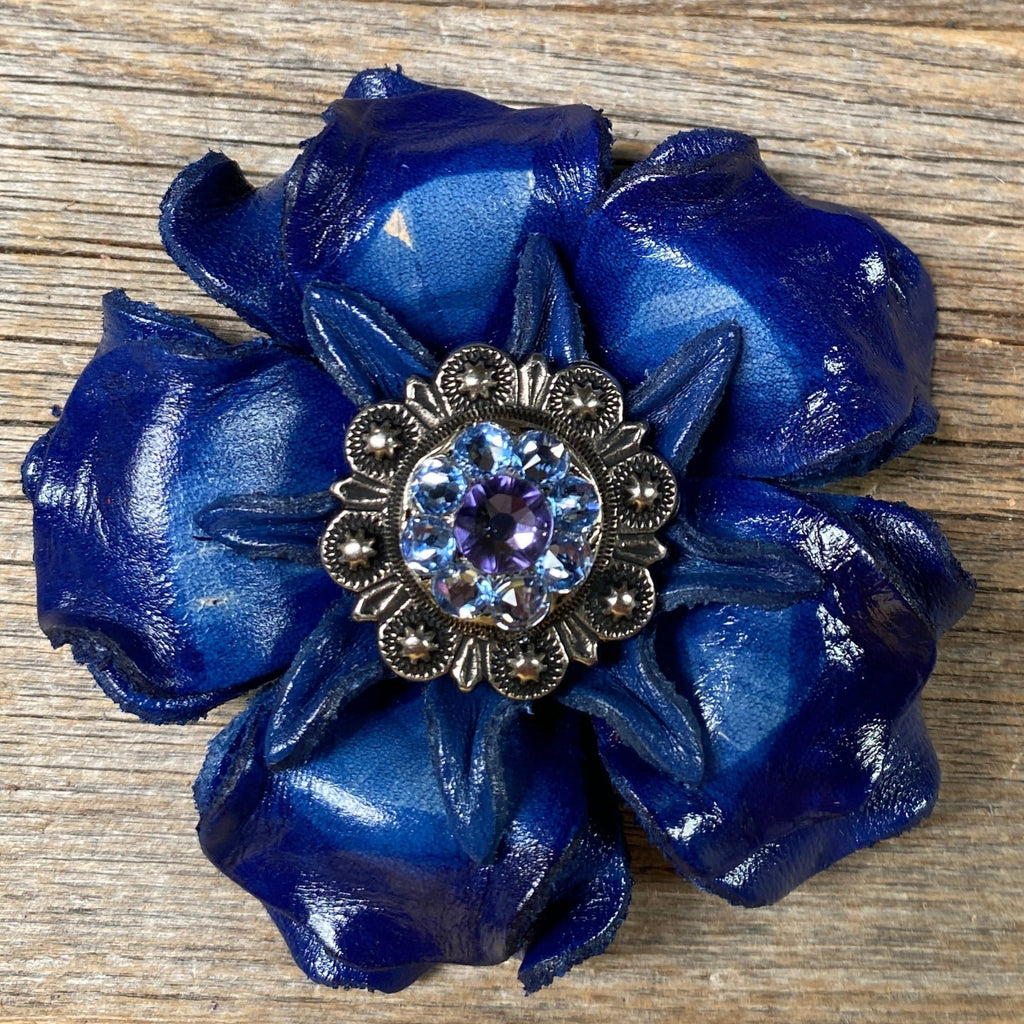 Blue Gardenia Leather Flowers - 1" Crystal Conchos - Options — view 2