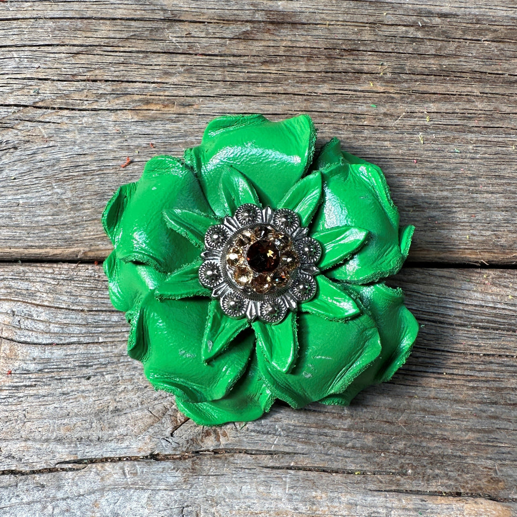 Green Gardenia Leather Flowers - 1" Crystal Conchos - Options — view 9