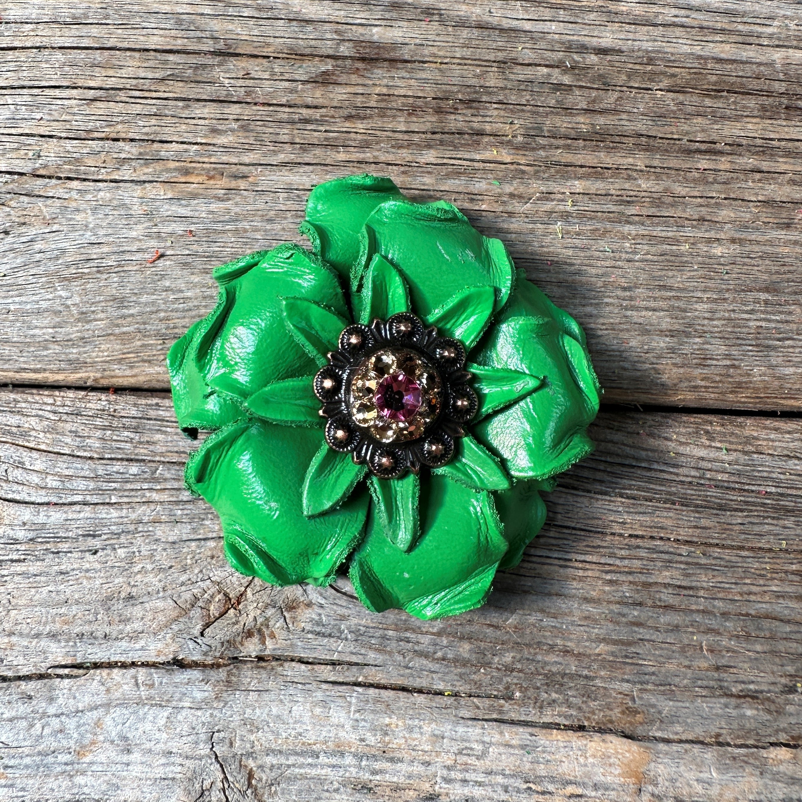 Green Gardenia Leather Flowers - 1" Crystal Conchos - Options — view 8