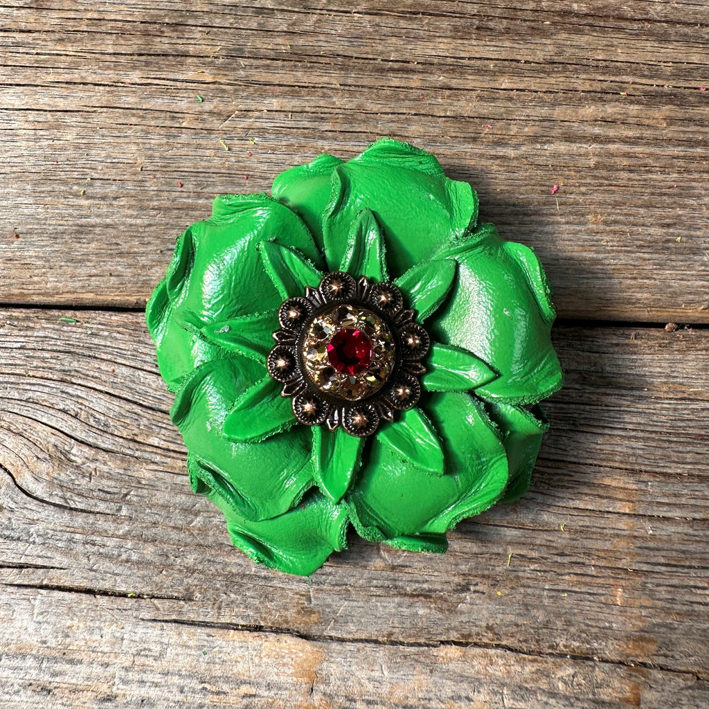Green Gardenia Leather Flowers - 1" Crystal Conchos - Options — view 3