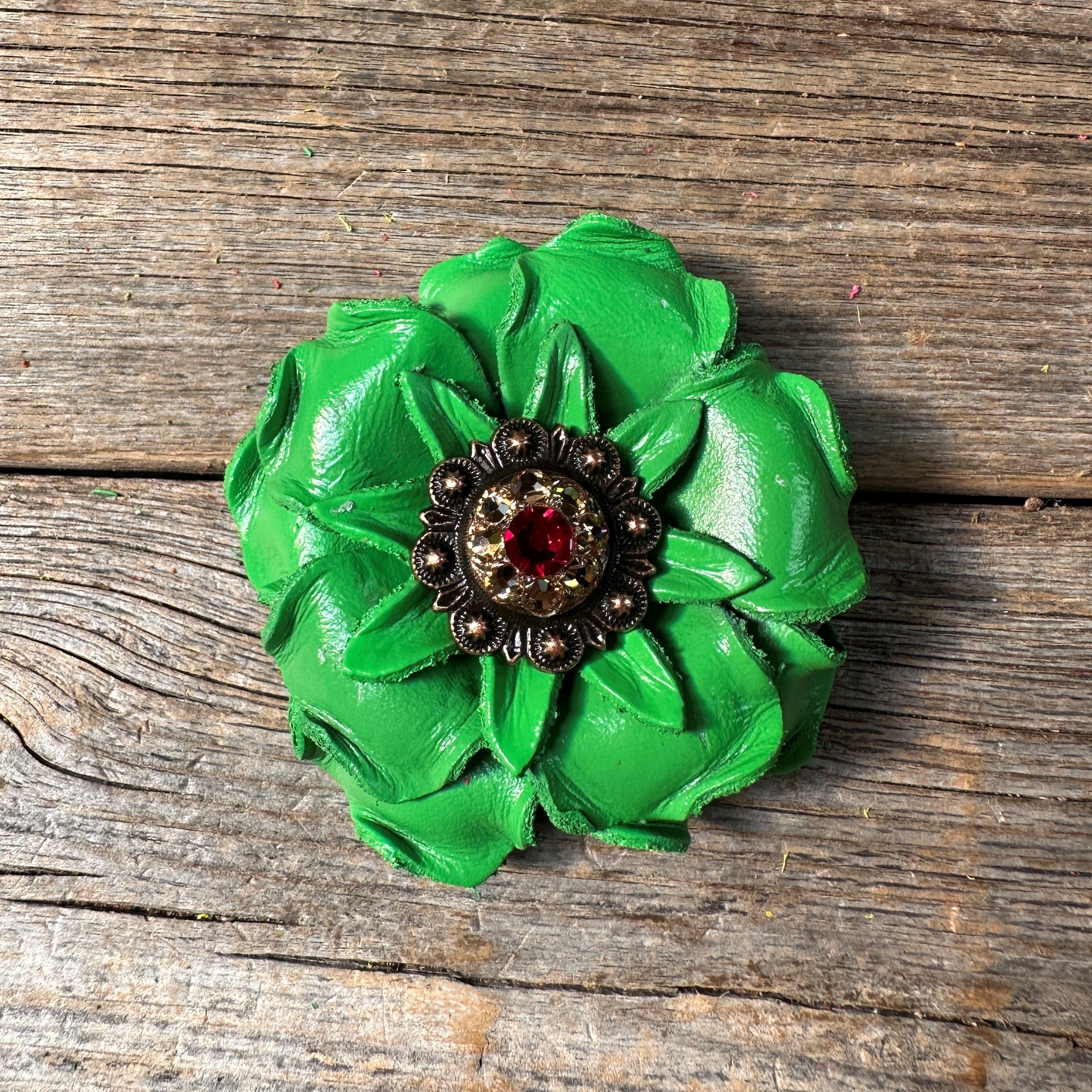 Green Gardenia Leather Flowers - 1" Crystal Conchos - Options — view 3