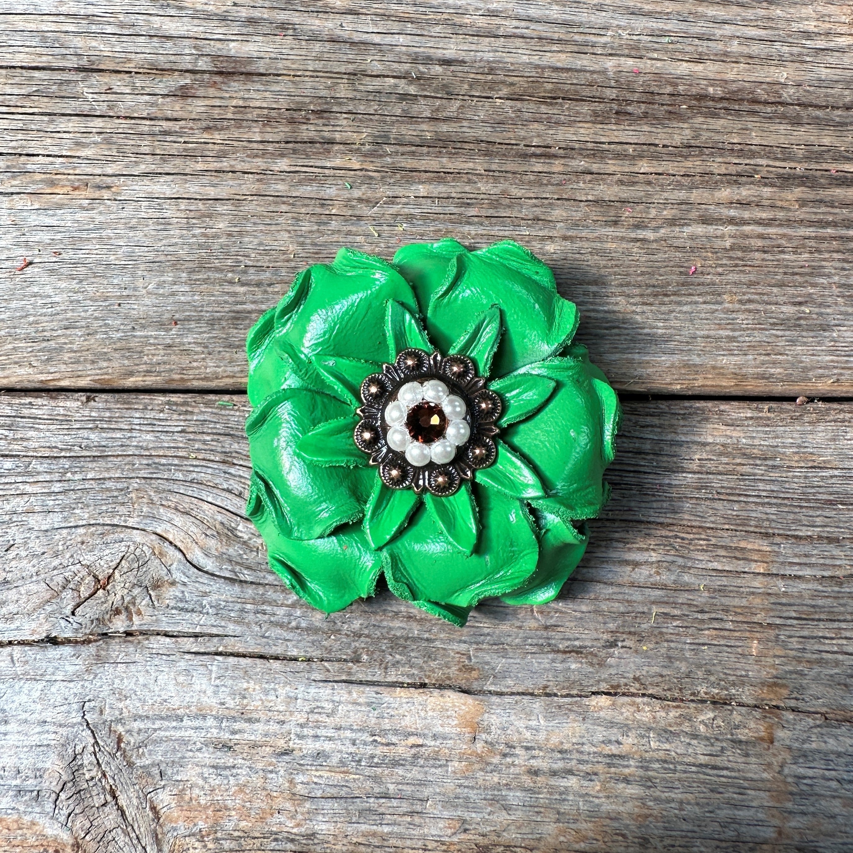 Green Gardenia Leather Flowers - 1" Crystal Conchos - Options — view 6