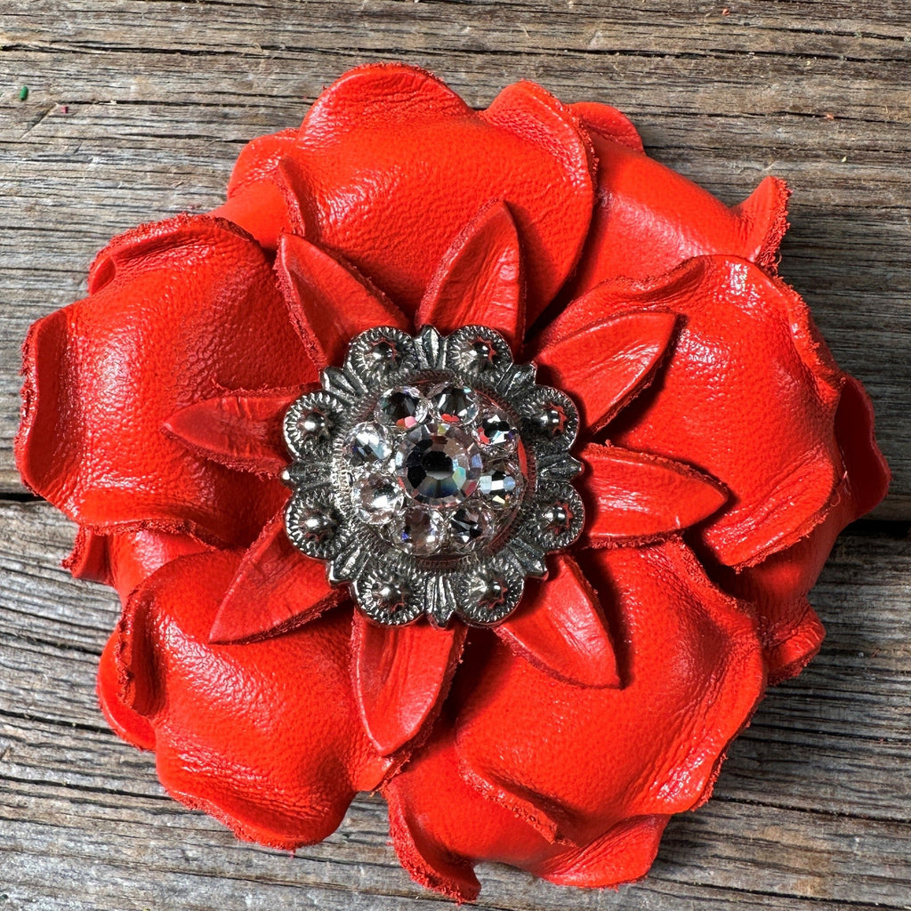 Bright Orange Gardenia Leather Flowers - 1" Crystal Conchos - Options — view 5