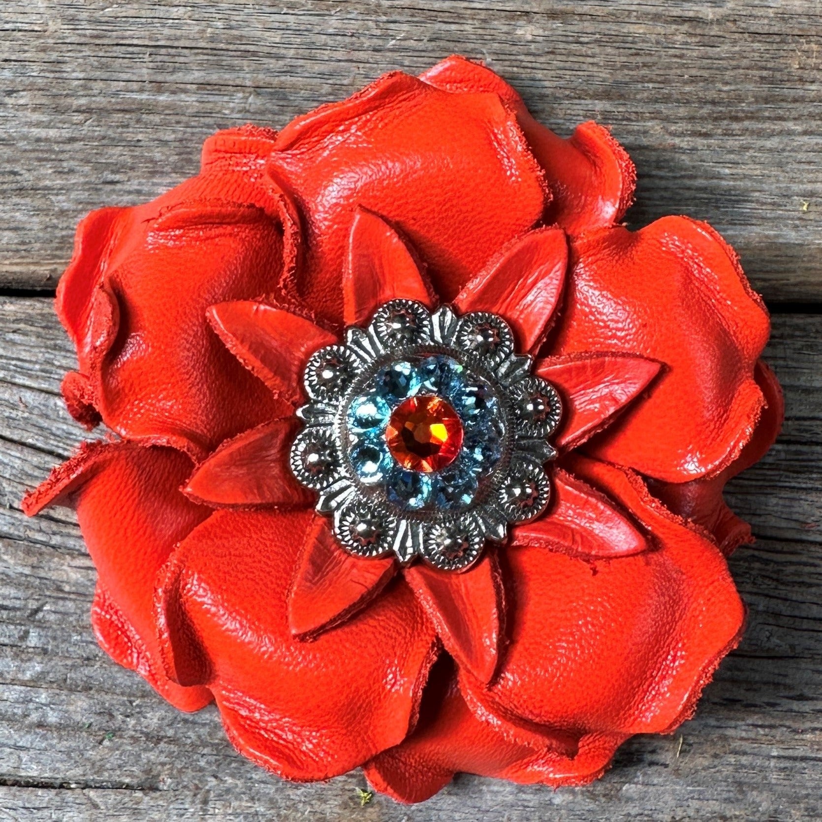 Bright Orange Gardenia Leather Flowers - 1" Crystal Conchos - Options — view 3