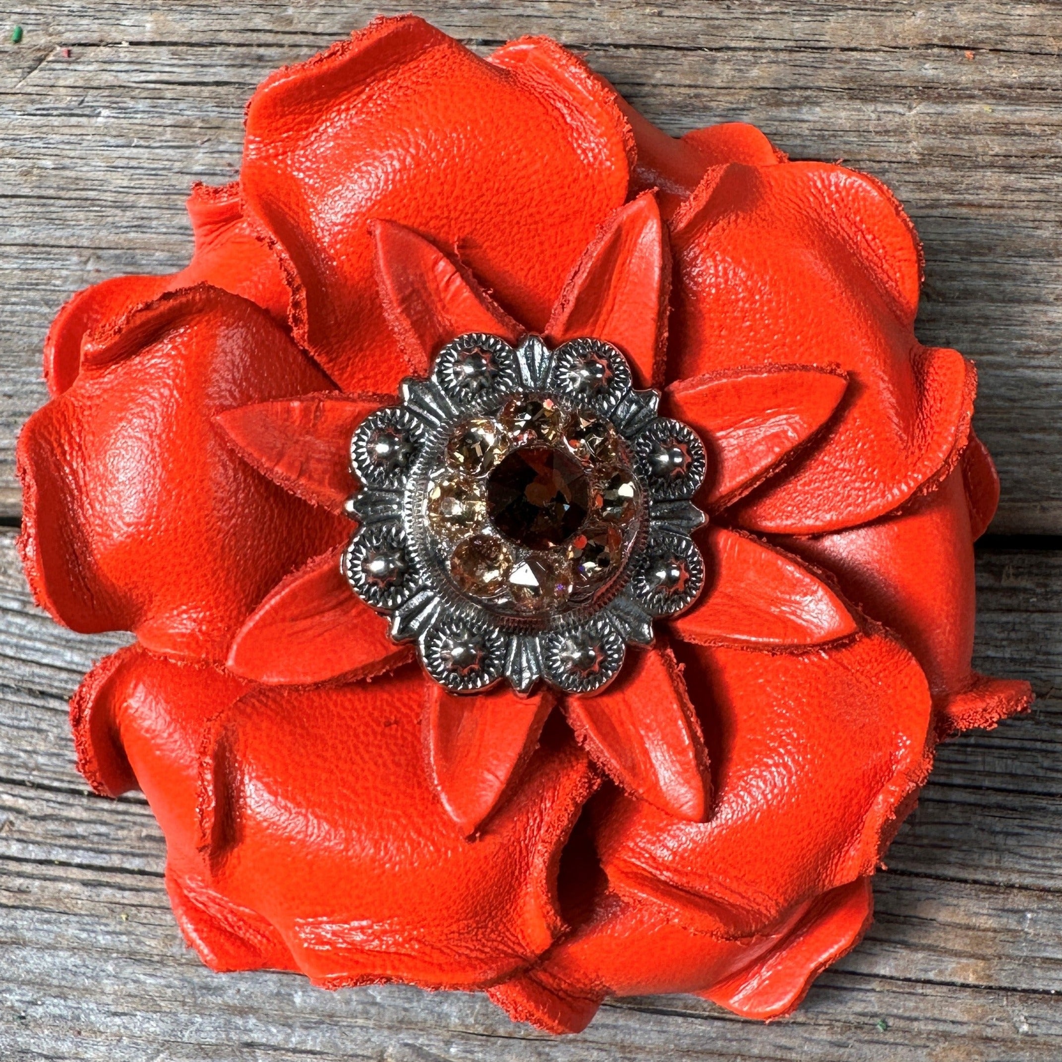 Bright Orange Gardenia Leather Flowers - 1" Crystal Conchos - Options — view 7