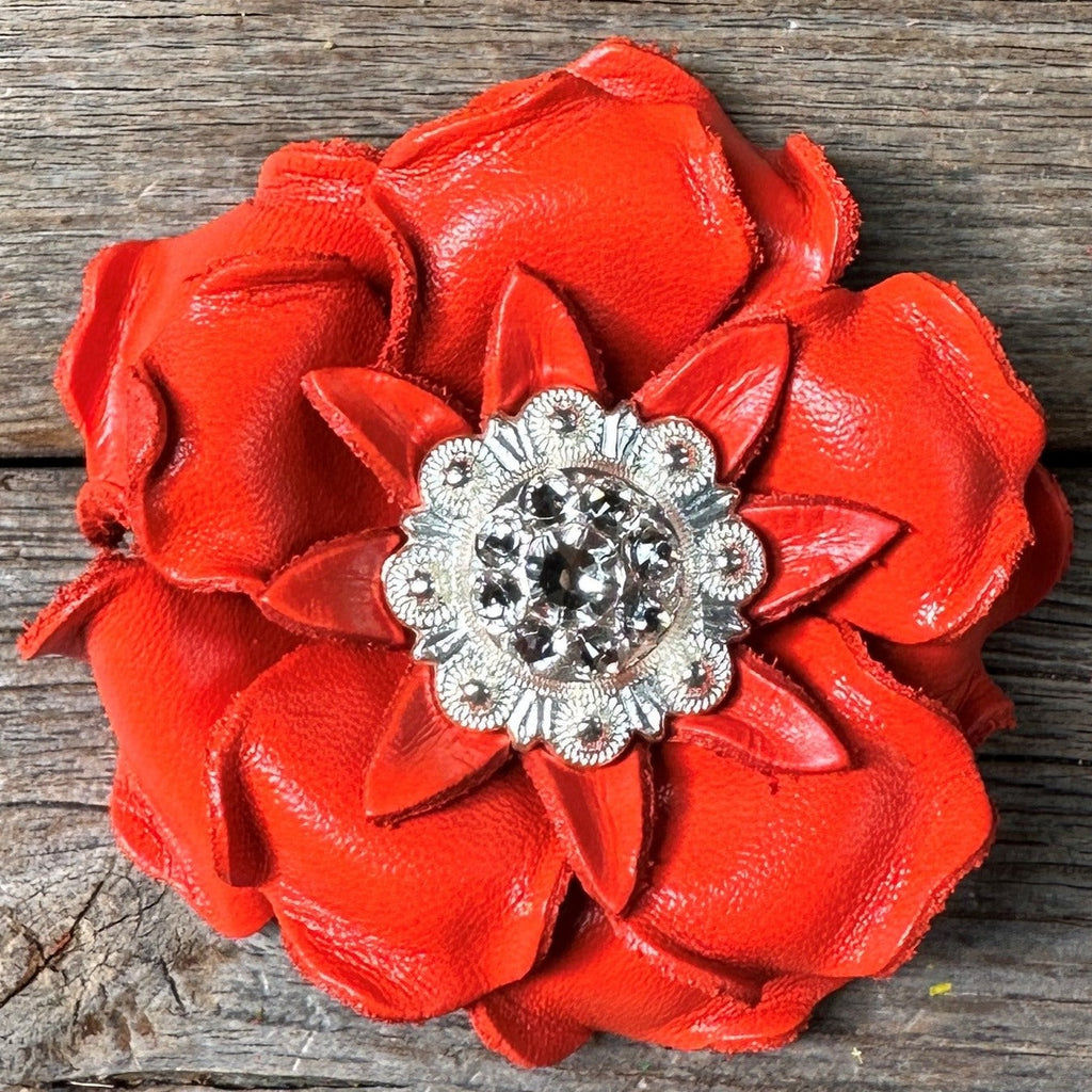Bright Orange Gardenia Leather Flowers - 1" Crystal Conchos - Options — view 2