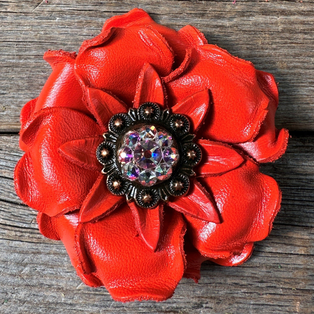 Bright Orange Gardenia Leather Flowers - 1" Crystal Conchos - Options — view 4