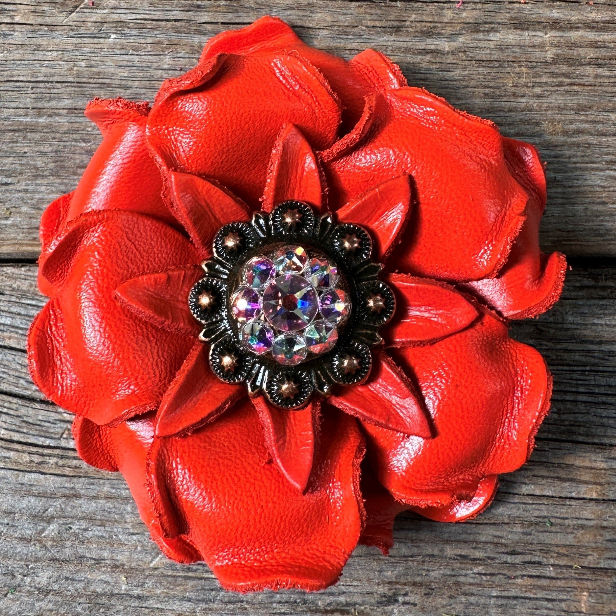 Bright Orange Gardenia Leather Flowers - 1" Crystal Conchos - Options — view 4