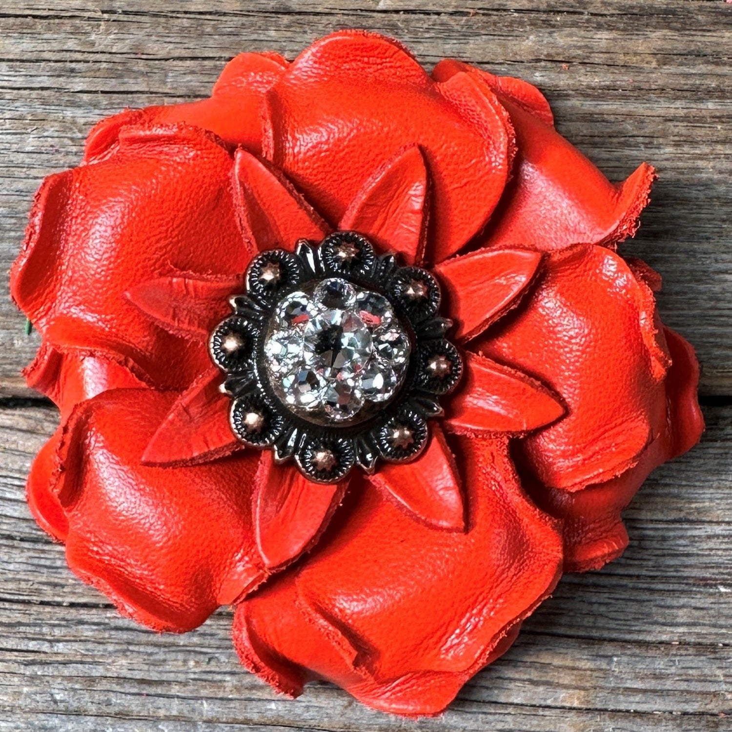 Bright Orange Gardenia Leather Flowers - 1" Crystal Conchos - Options — view 6