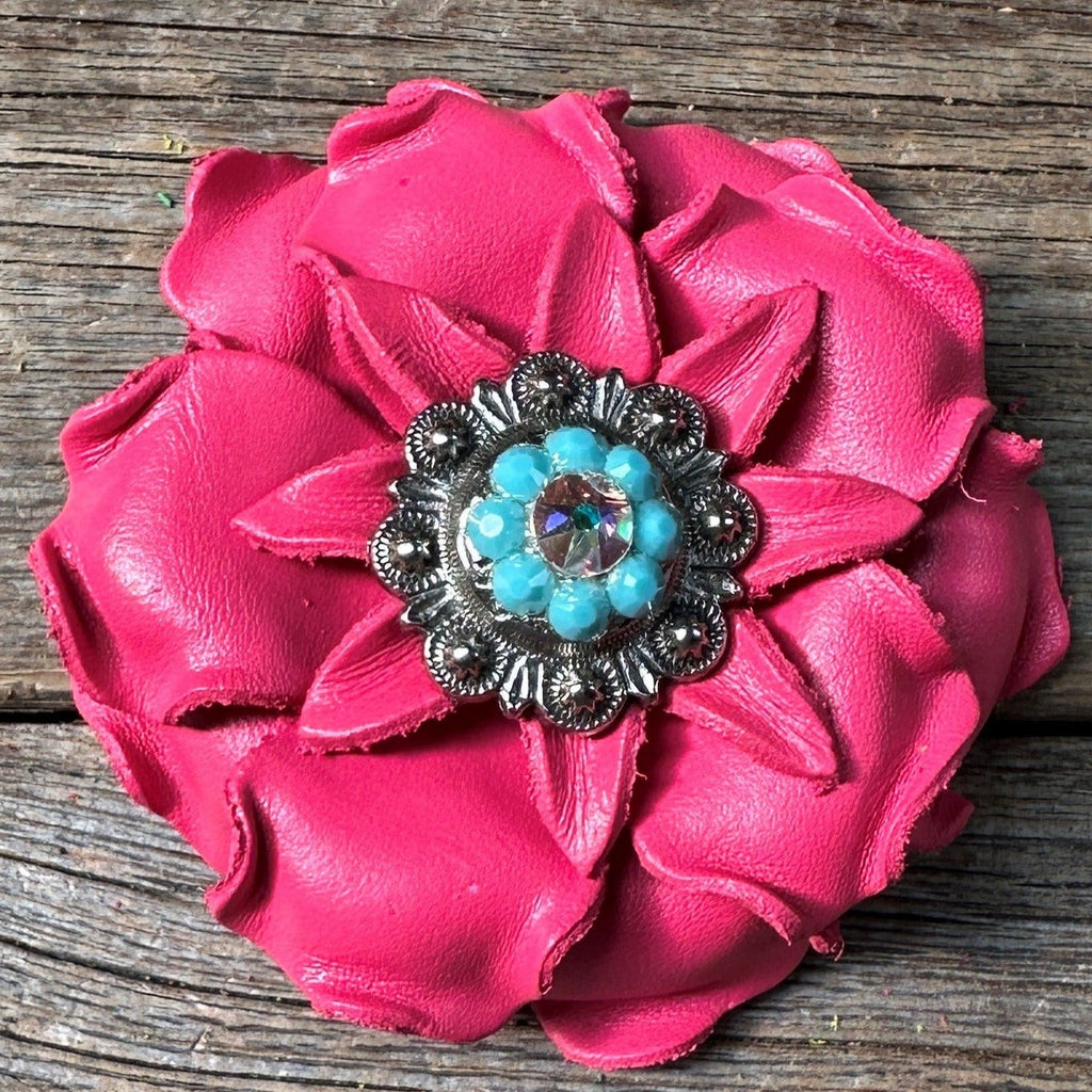 Bright Pink Gardenia Leather Flowers - 1" Crystal Conchos - Options — view 7