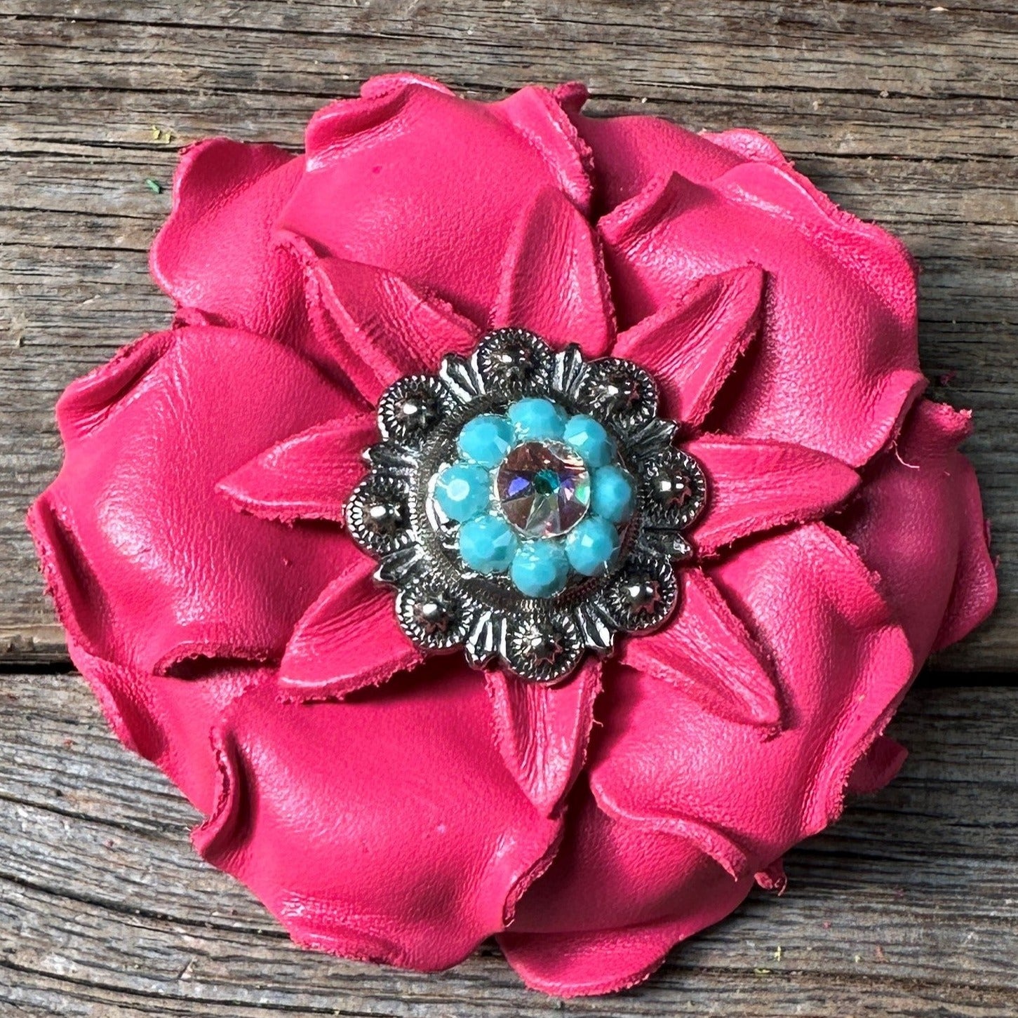 Bright Pink Gardenia Leather Flowers - 1" Crystal Conchos - Options — view 7