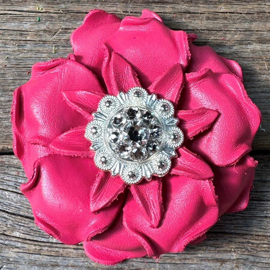 Bright Pink Gardenia Leather Flowers - 1" Crystal Conchos - Options — view 3