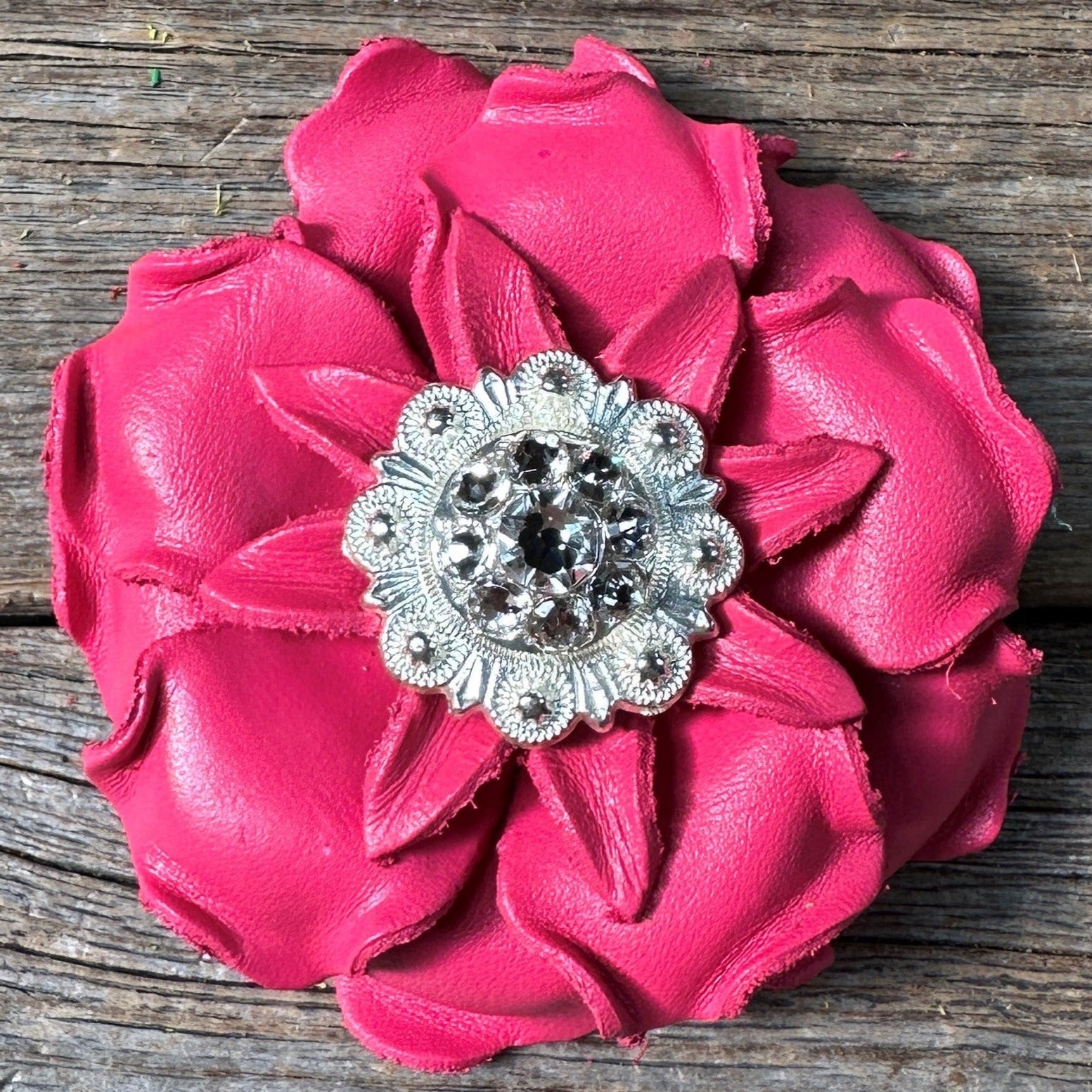 Bright Pink Gardenia Leather Flowers - 1" Crystal Conchos - Options — view 3