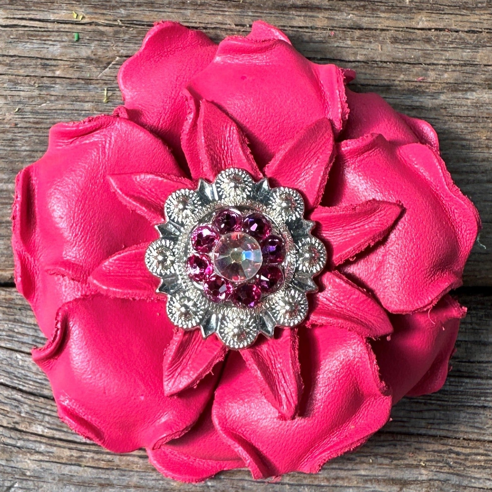 Bright Pink Gardenia Leather Flowers - 1" Crystal Conchos - Options — view 6