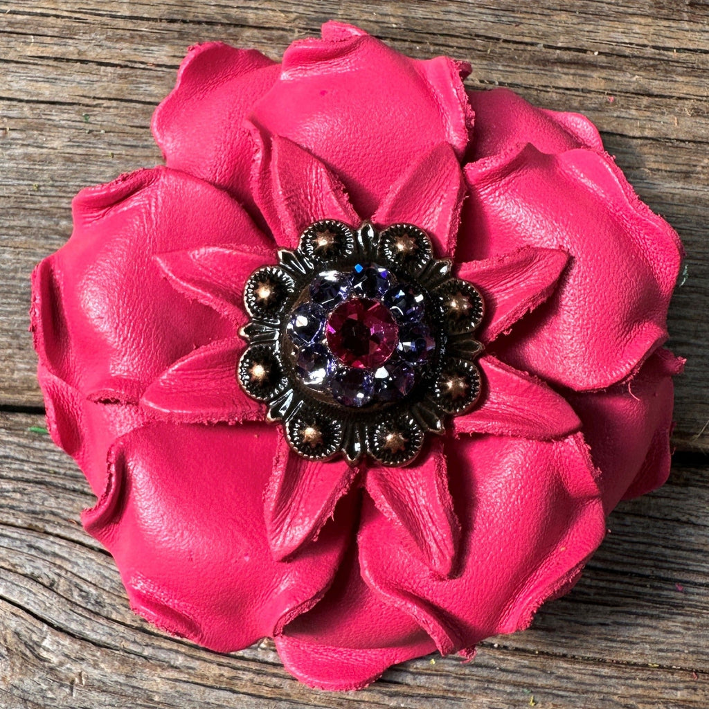 Bright Pink Gardenia Leather Flowers - 1" Crystal Conchos - Options — view 2