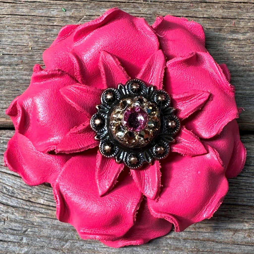 Bright Pink Gardenia Leather Flowers - 1" Crystal Conchos - Options — view 4
