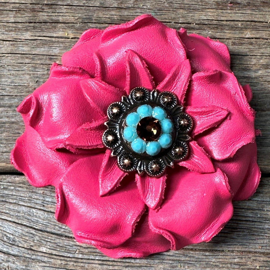Bright Pink Gardenia Leather Flowers - 1" Crystal Conchos - Options — view 5