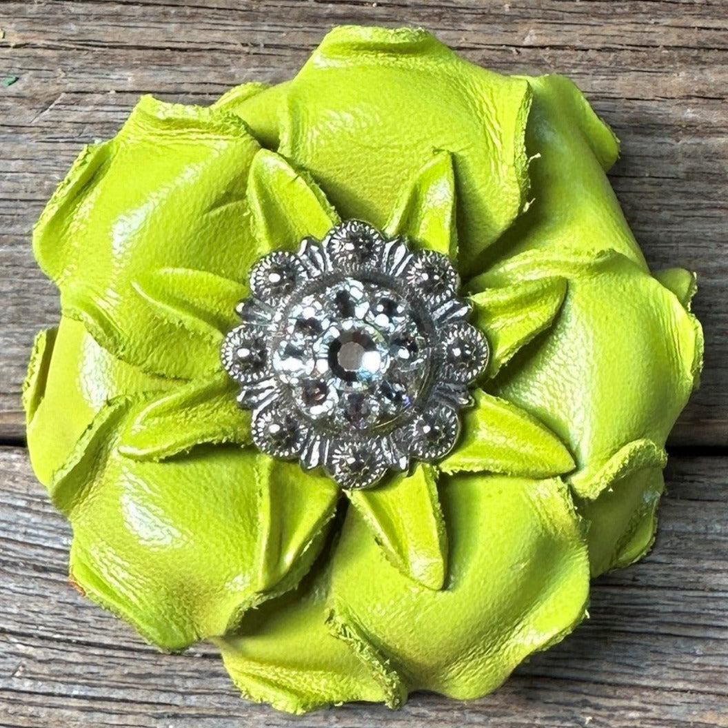 Lime Gardenia Leather Flowers - 1" Crystal Conchos - Options — view 5