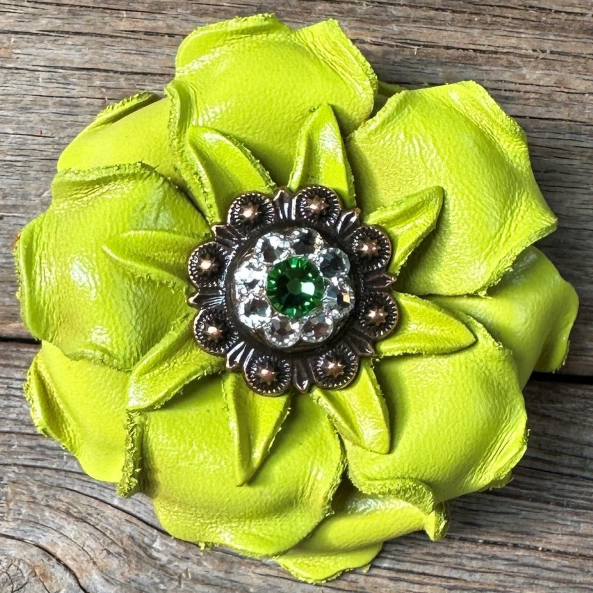 Lime Gardenia Leather Flowers - 1" Crystal Conchos - Options — view 3