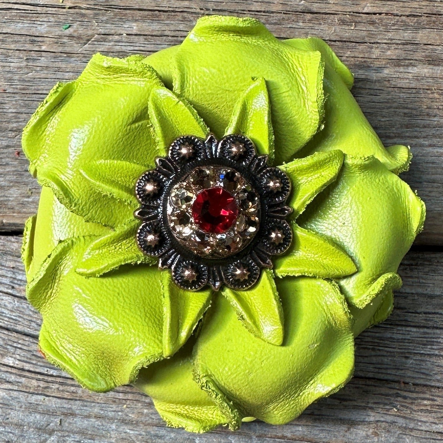 Lime Gardenia Leather Flowers - 1" Crystal Conchos - Options — view 4