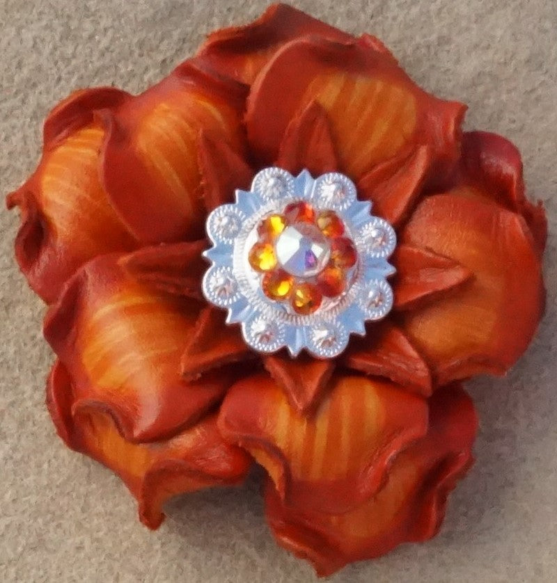 Orange Gardenia Leather Flowers - 1" Crystal Conchos - Options — view 2