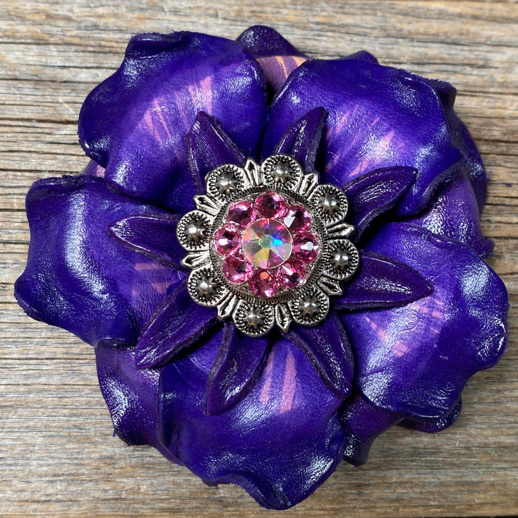 Purple Gardenia Leather Flowers - 1" Crystal Conchos - Options — view 5