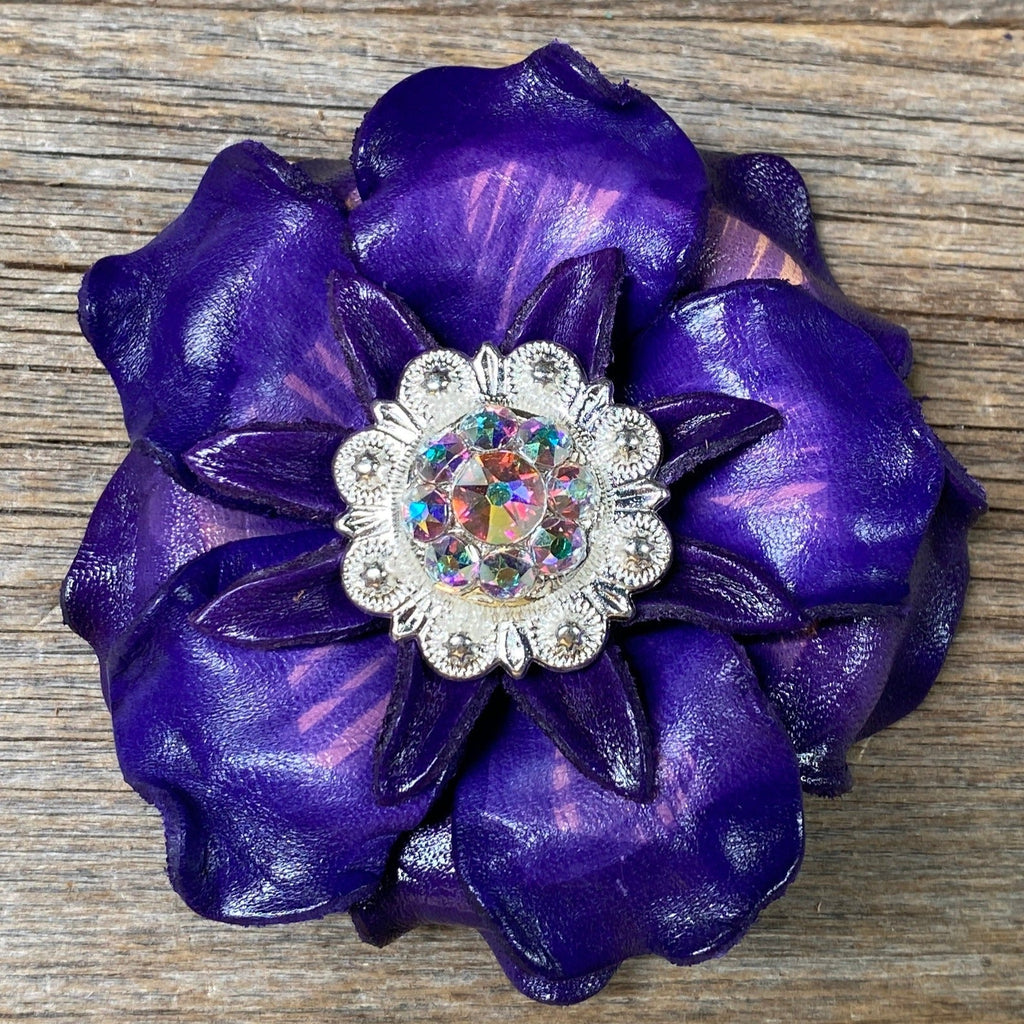 Purple Gardenia Leather Flowers - 1" Crystal Conchos - Options — view 2