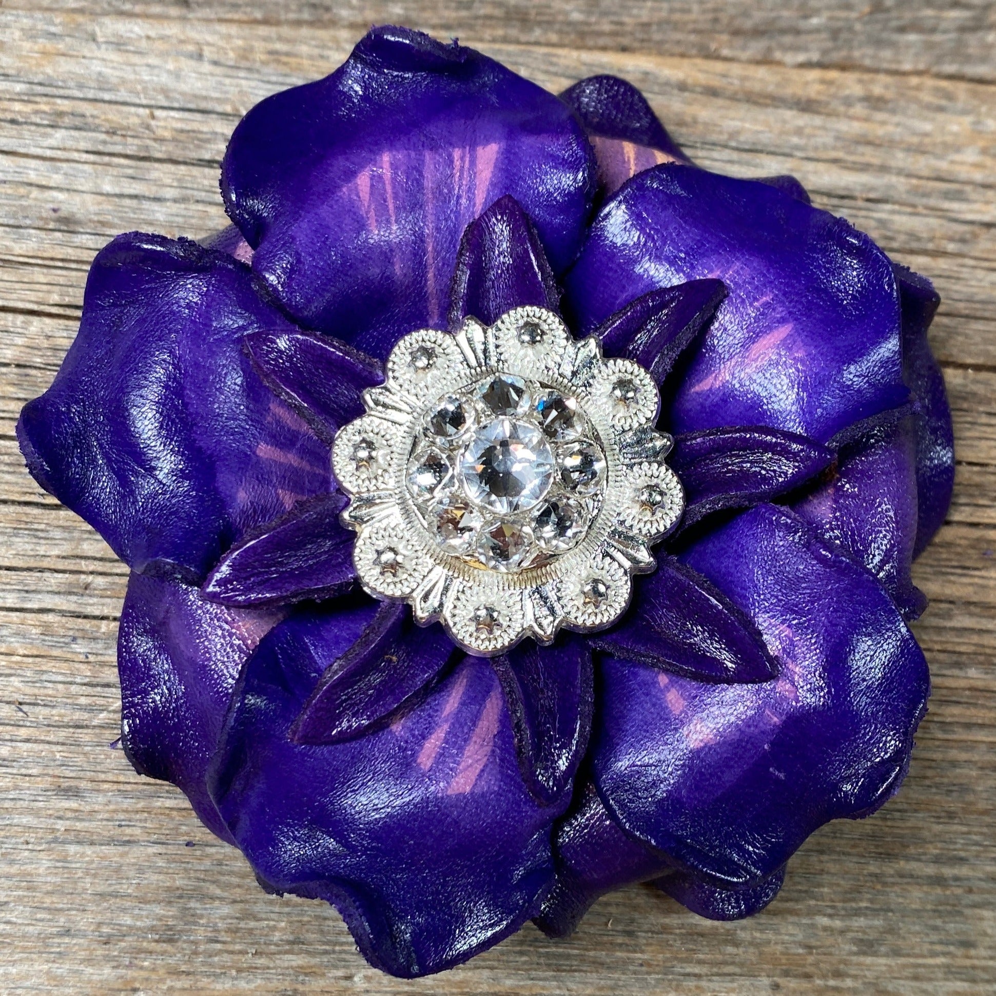 Purple Gardenia Leather Flowers - 1" Crystal Conchos - Options — view 7