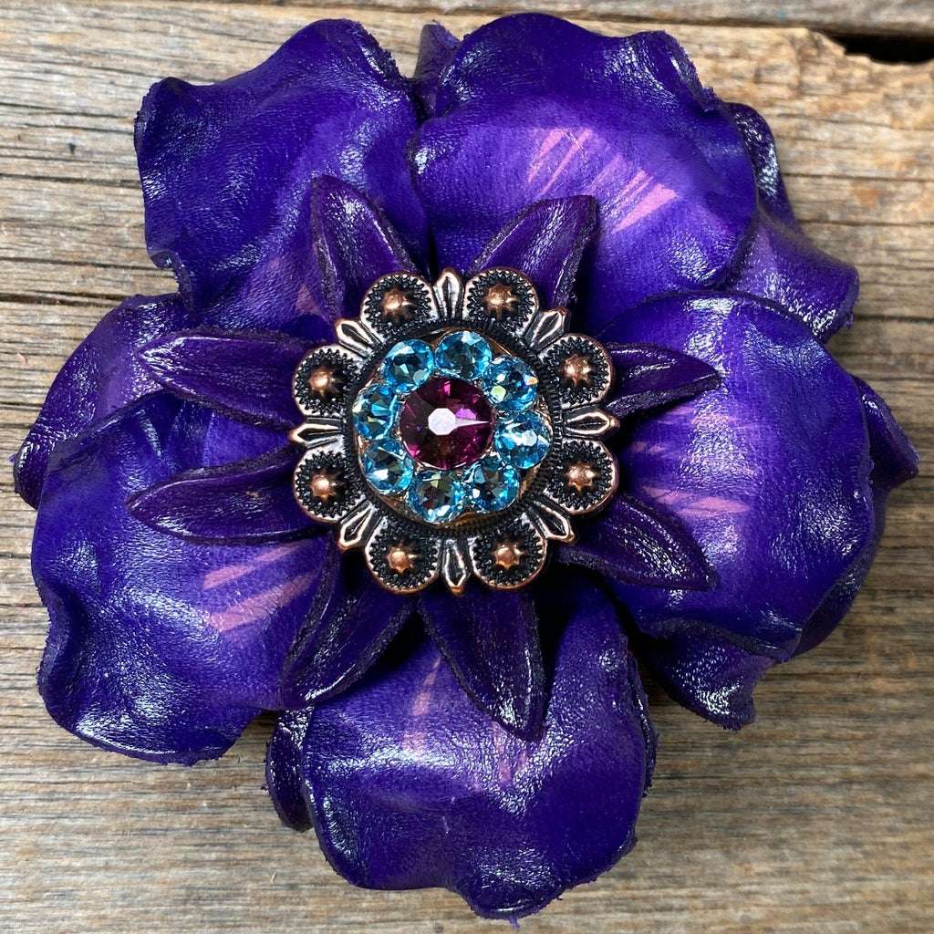 Purple Gardenia Leather Flowers - 1" Crystal Conchos - Options — view 3