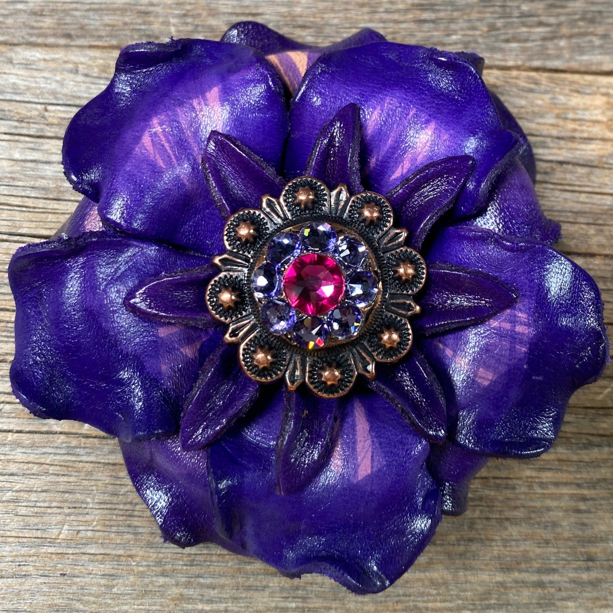 Purple Gardenia Leather Flowers - 1" Crystal Conchos - Options — view 6