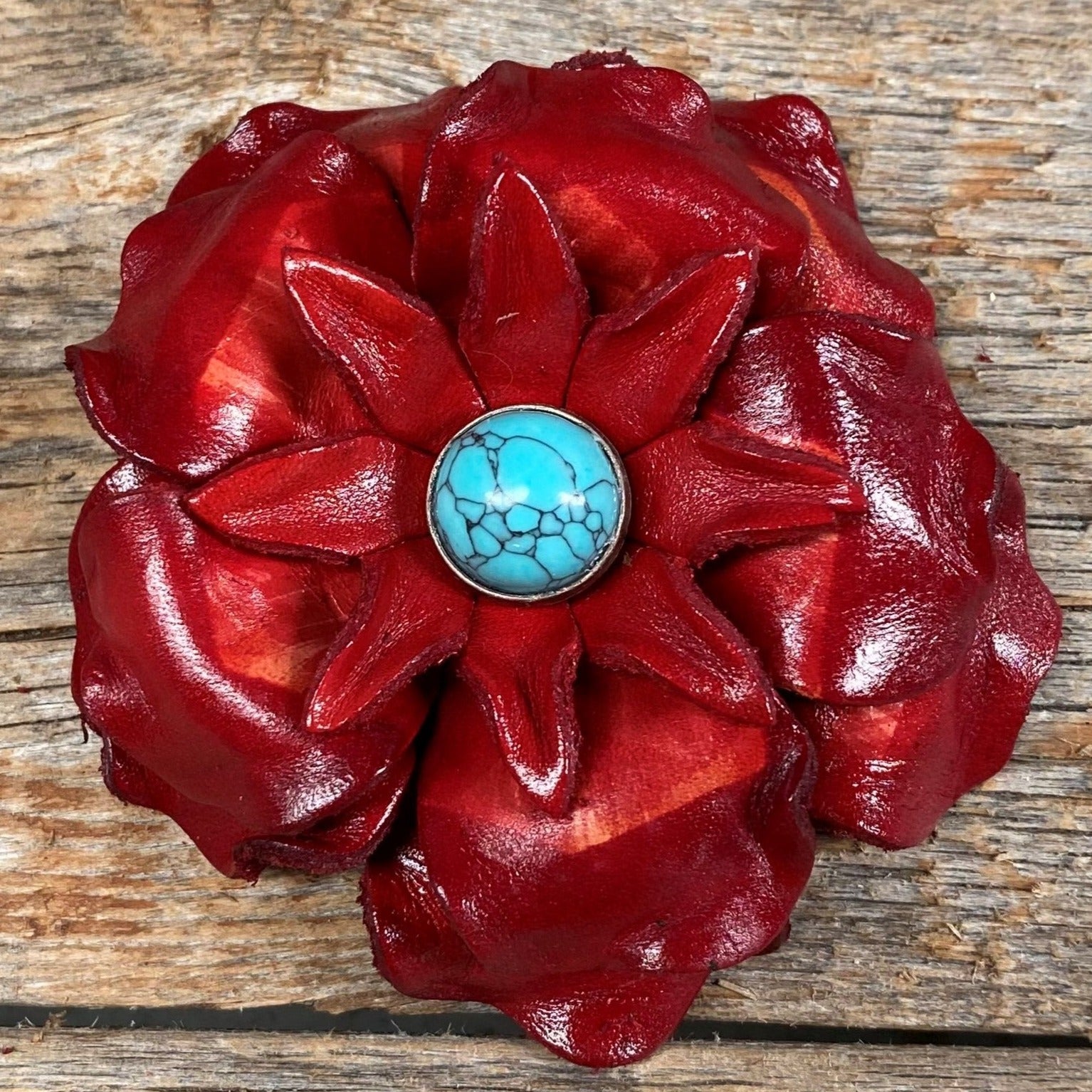 Hand Painted Leather Flowers - Gardenias - Round Turquoise Cabochons — view 5