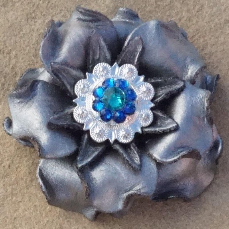 Silver Gardenia Flower With Bright Silver Teal and Capri 1" Concho