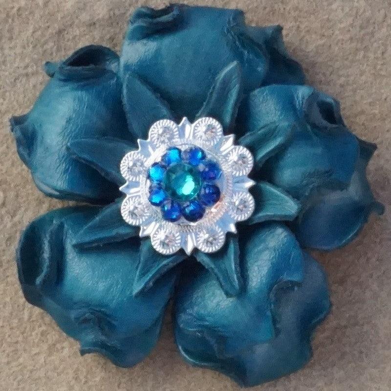 Turquoise Gardenia Flower With Bright Silver Teal and Capri 1" Concho