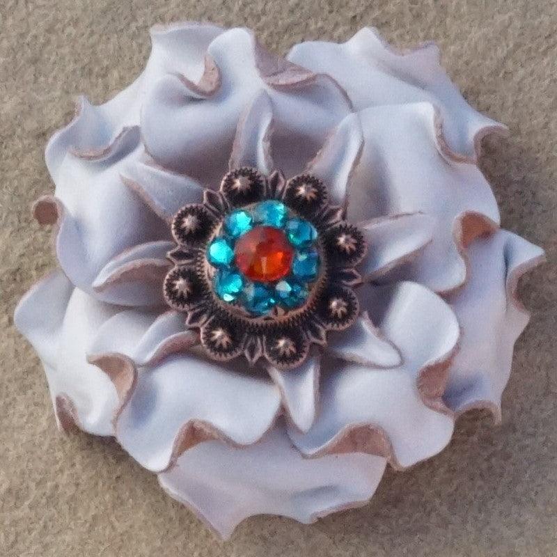 White Gardenia Flower With Copper Fire Opal and Teal 1" Concho
