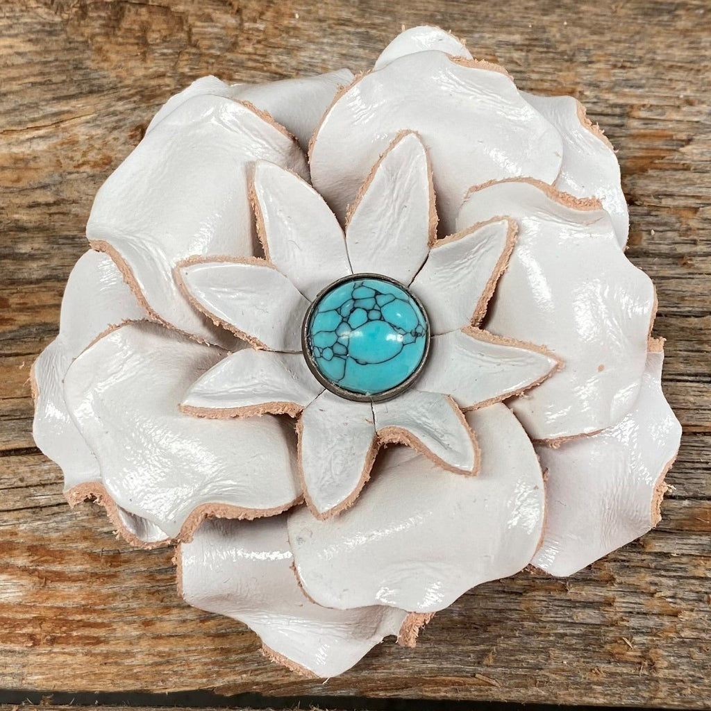 Hand Painted Leather Flowers - Gardenias - Round Turquoise Cabochons — view 6