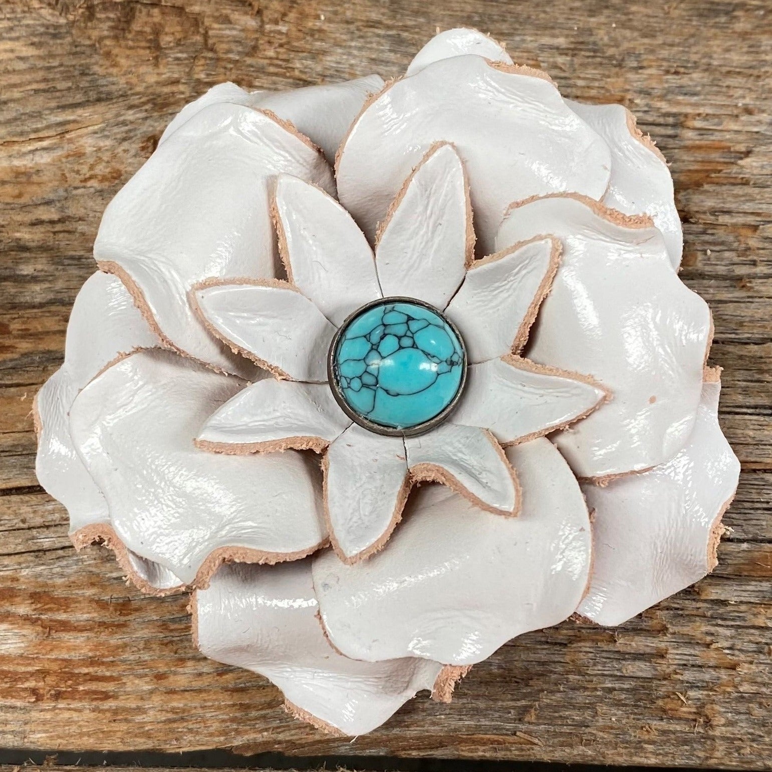 Hand Painted Leather Flowers - Gardenias - Round Turquoise Cabochons — view 6